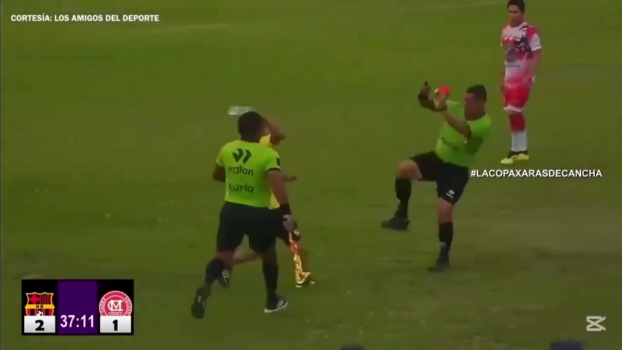 【体育头条】秘鲁联赛裁判正要将一名球员罚下，然后就发生了这件事。。。