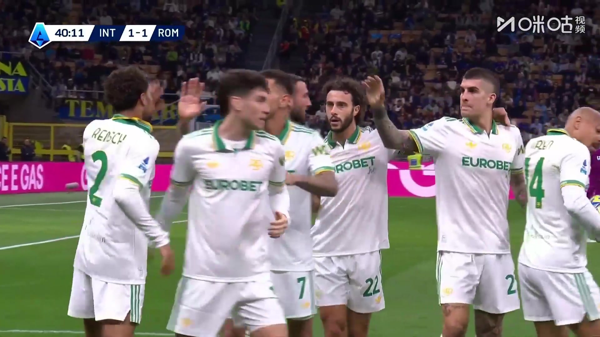 罗马1-1扳平国米！伦施下底传中助攻，曼奇尼门前包抄破门！