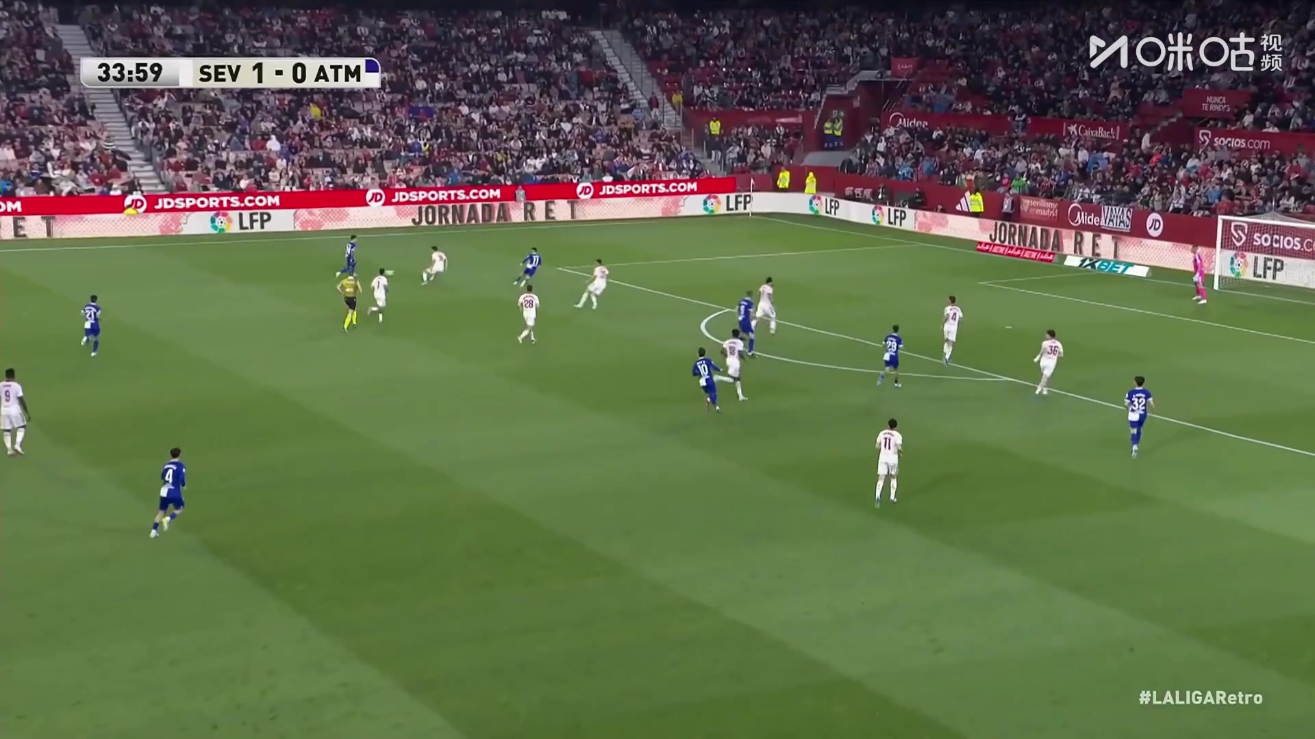 马竞1-1扳平塞维利亚！迪亚兹下底传中博纳尔头球攻门得手！