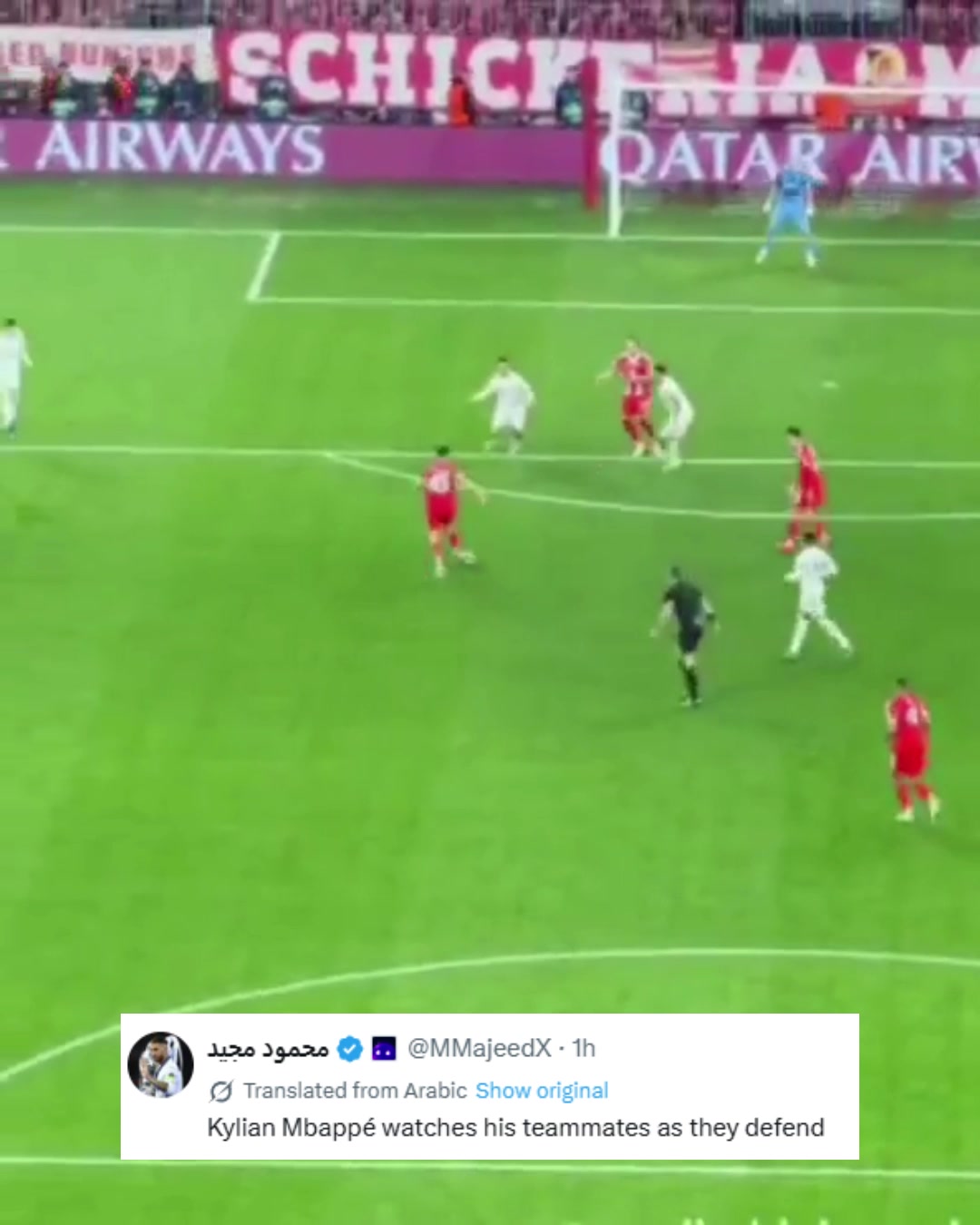 【欧冠】国外球迷批姆巴佩散步：全程注视着队友防守