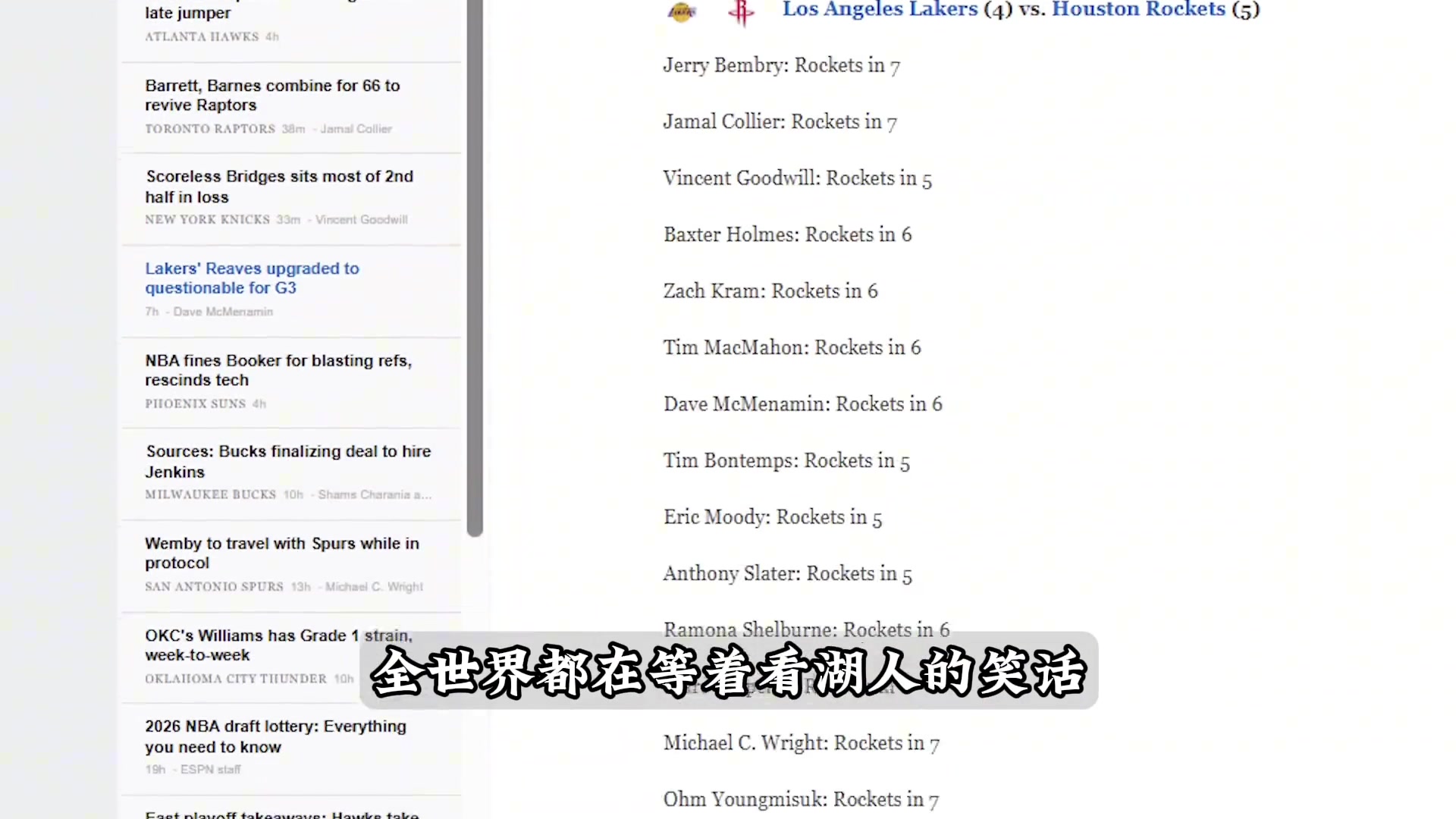 [你怎么看？]炸裂！16个专家15个猜错！残阵湖人3-0..