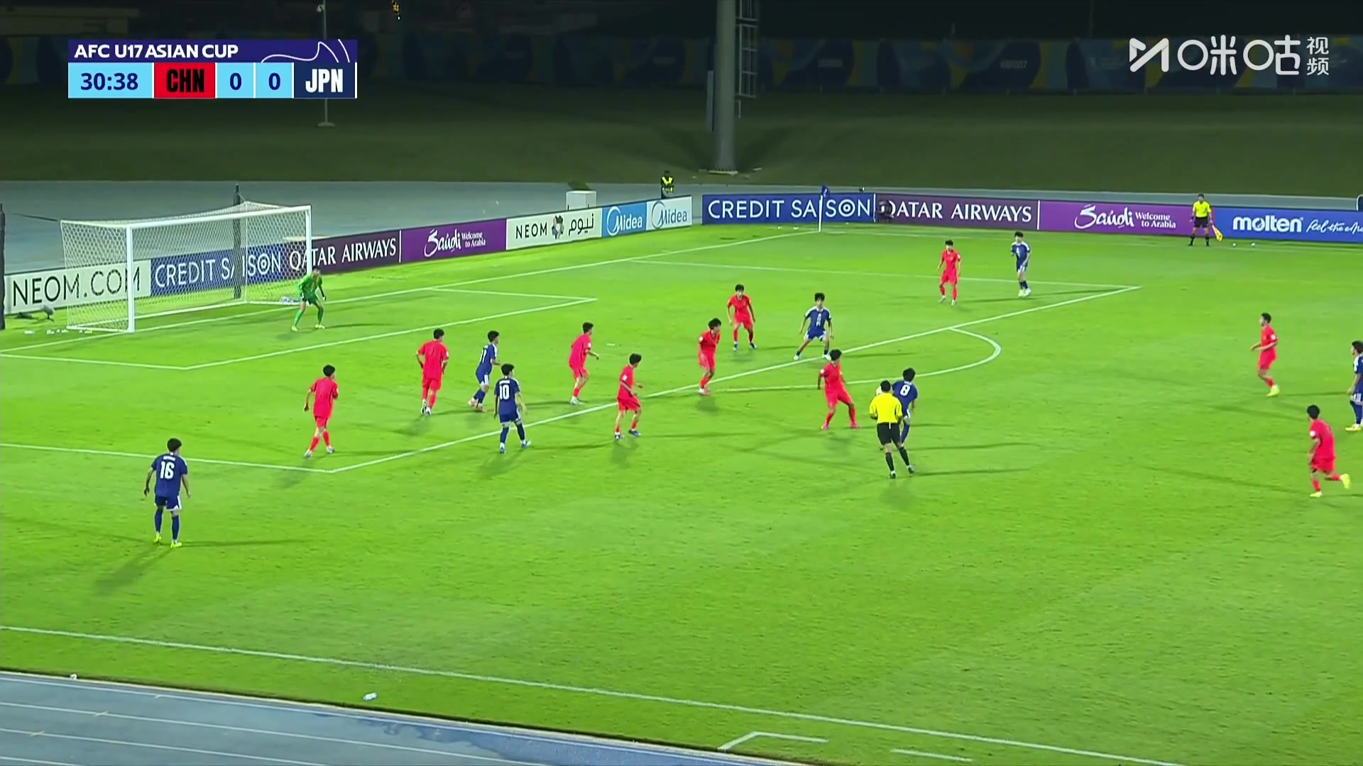 U17男足0-1落后日本！里见汰福突入禁区低射远角破门！