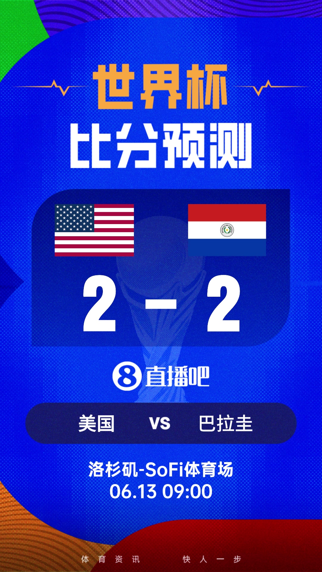 世界杯比分预测：东道主美国迎强敌巴拉圭