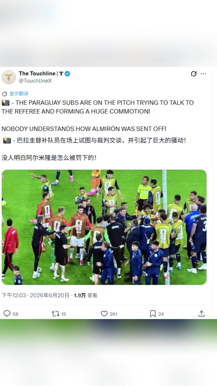 [比赛高能镜头]全队不知道新规则？巴拉圭替补队员上场找主裁理