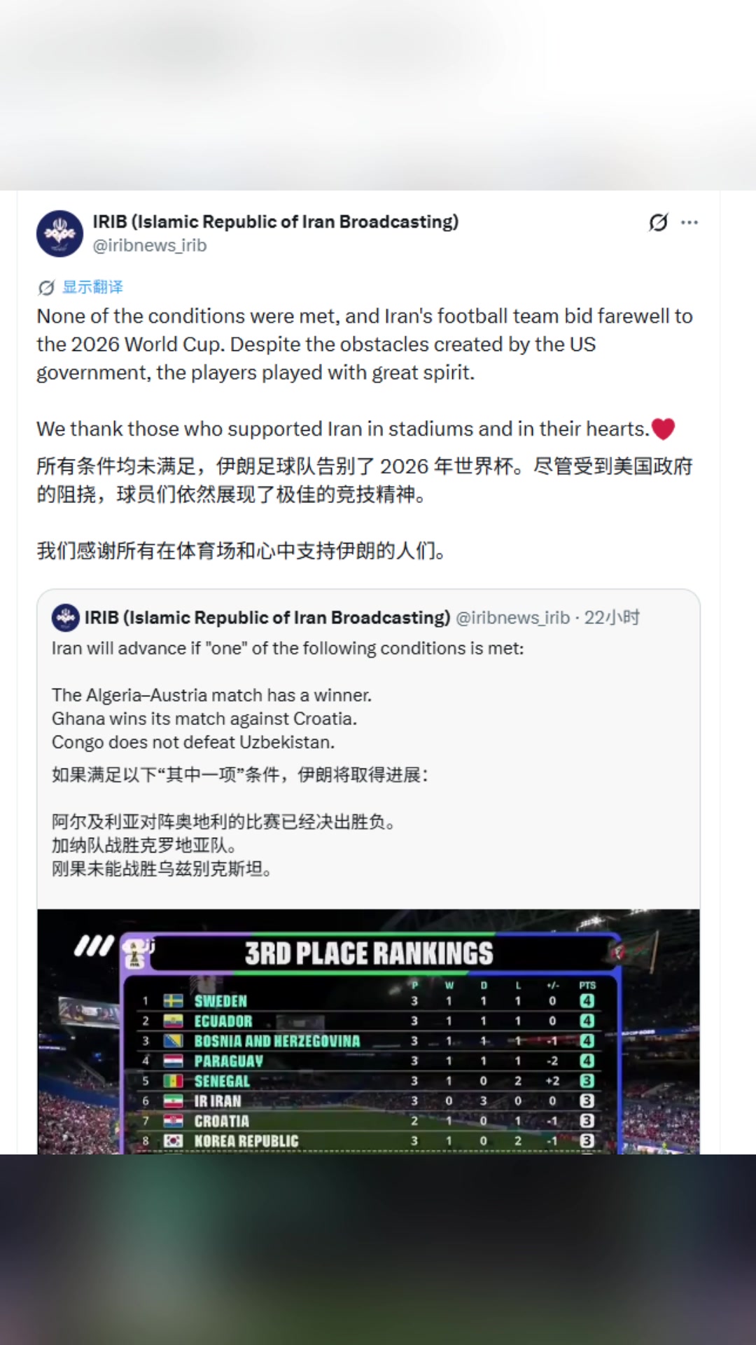 [你怎么看？]伊朗广播:尽管受到美国政府阻挠,球员们依然展现