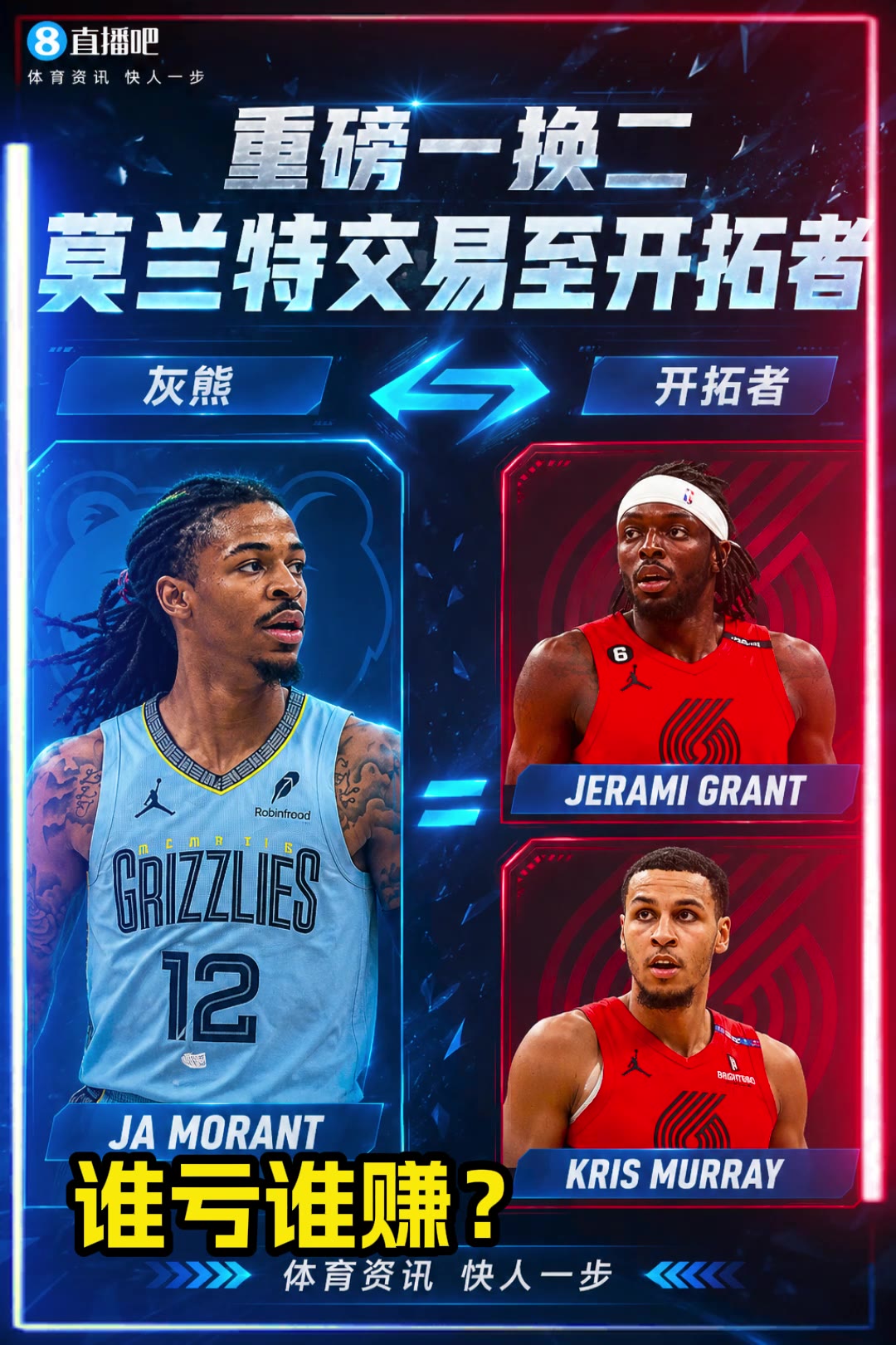 【NBA】吧友们认为谁赚了？莫兰特以一换二！灰熊开拓者官宣交