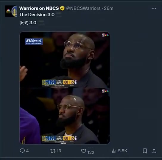 【精彩剪辑】一语成谶？去年勇士NBC官推曾晒詹姆斯照片调侃：