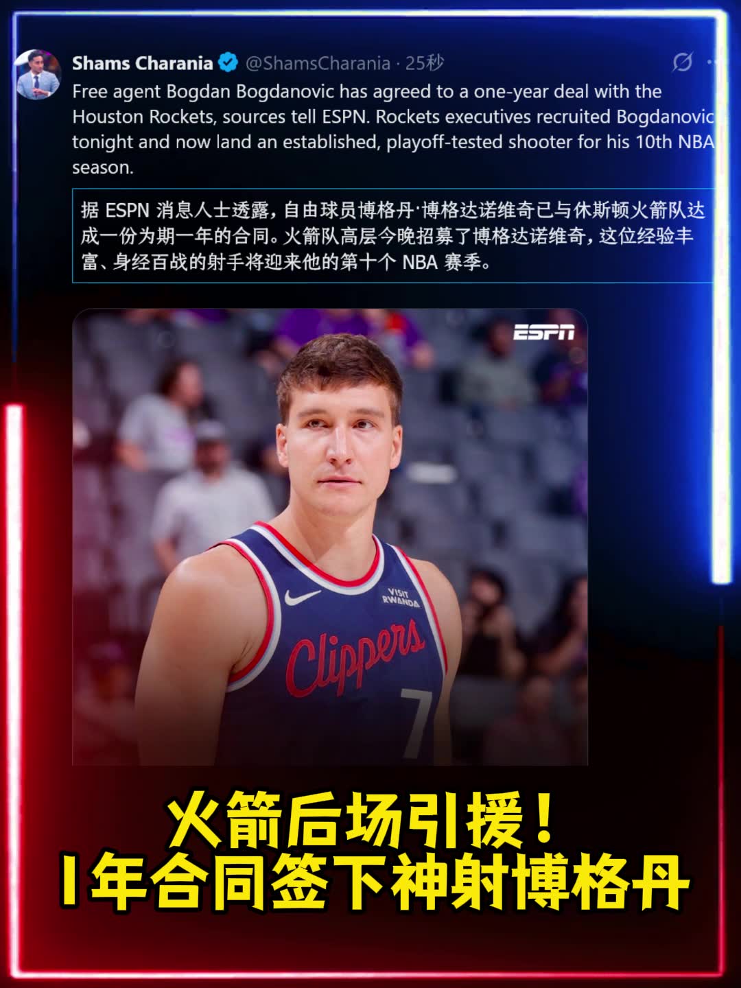 引进神射火箭与后卫博格丹签下1年合同！