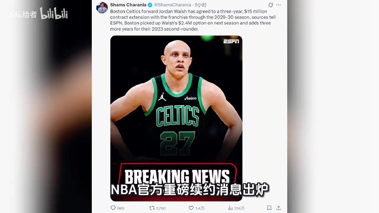 【推荐】凯尔特人正式与年轻侧翼乔丹沃尔什达成提前续约，3年1