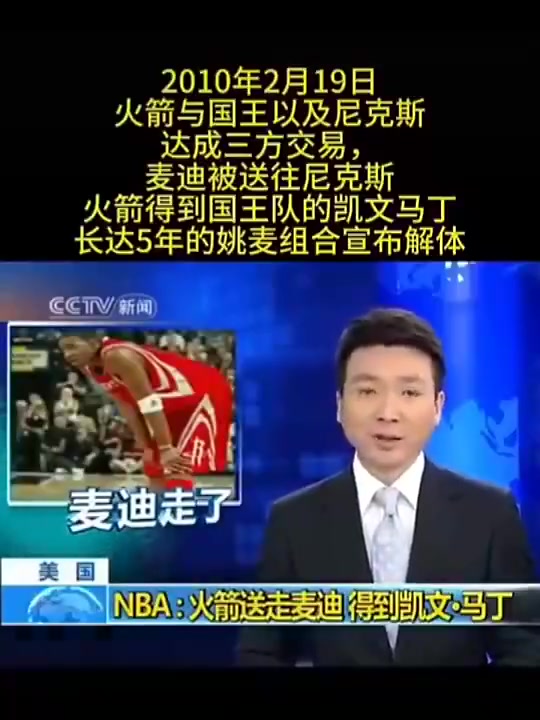 [快速看球视频]2010年，康辉播报麦迪被火箭送去尼克斯的交